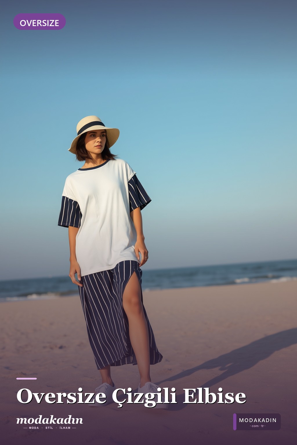 Oversize Çizgili T-Shirt Elbise