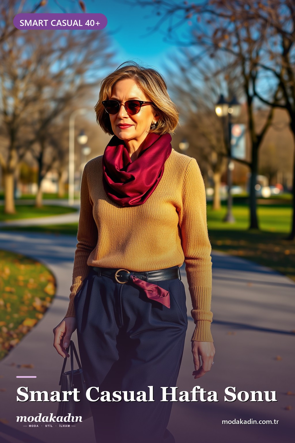 Smart casual hafta sonu: lacivert pantolon, kaşmir kazak ve bordo fular