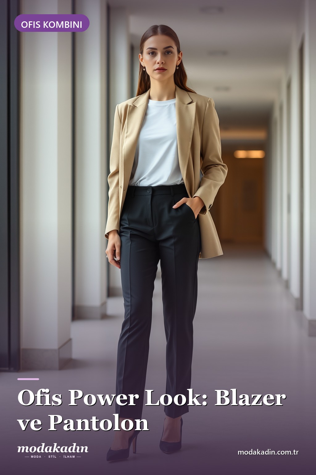 Ofis power look: siyah pantolon, beyaz tişört ve bej blazer