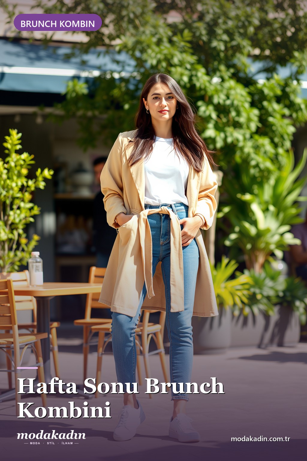 Hafta sonu brunch kombini: kot ve tişört, blazer belde