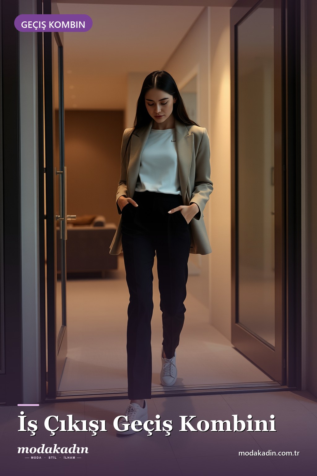 İş çıkışı geçiş kombini: siyah pantolon, beyaz tişört ve blazer