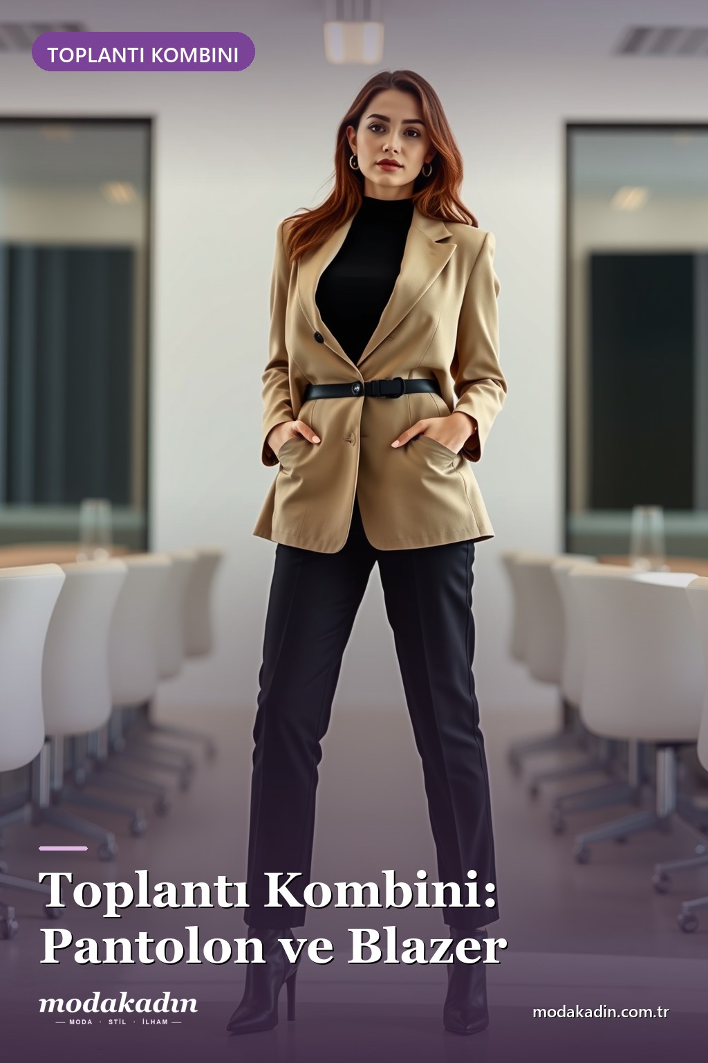 Toplantı kombini: siyah pantolon ve bej blazer