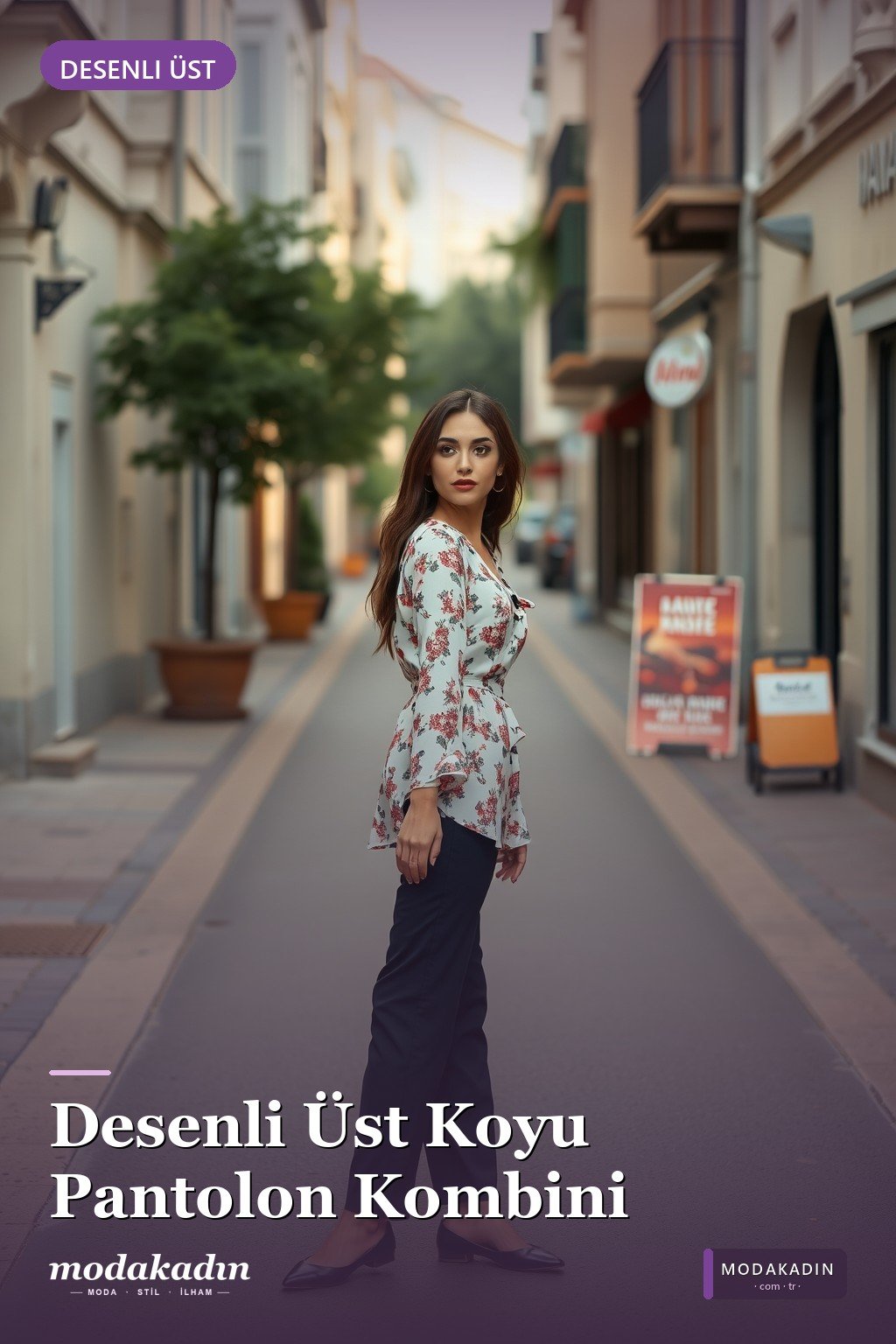 Desenli Üst + Düz Koyu Pantolon