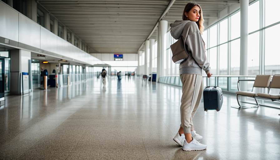 Sweatshirt, jogger ve spor ayakkabı ile havalimanı athleisure kombini