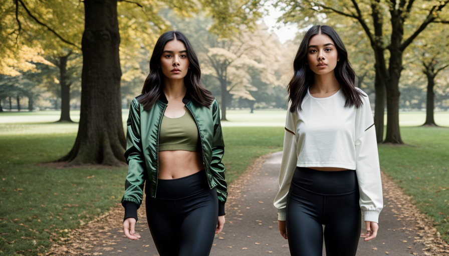Teknik tişört, tayt ve bomber ile yürüyüş athleisure kombini