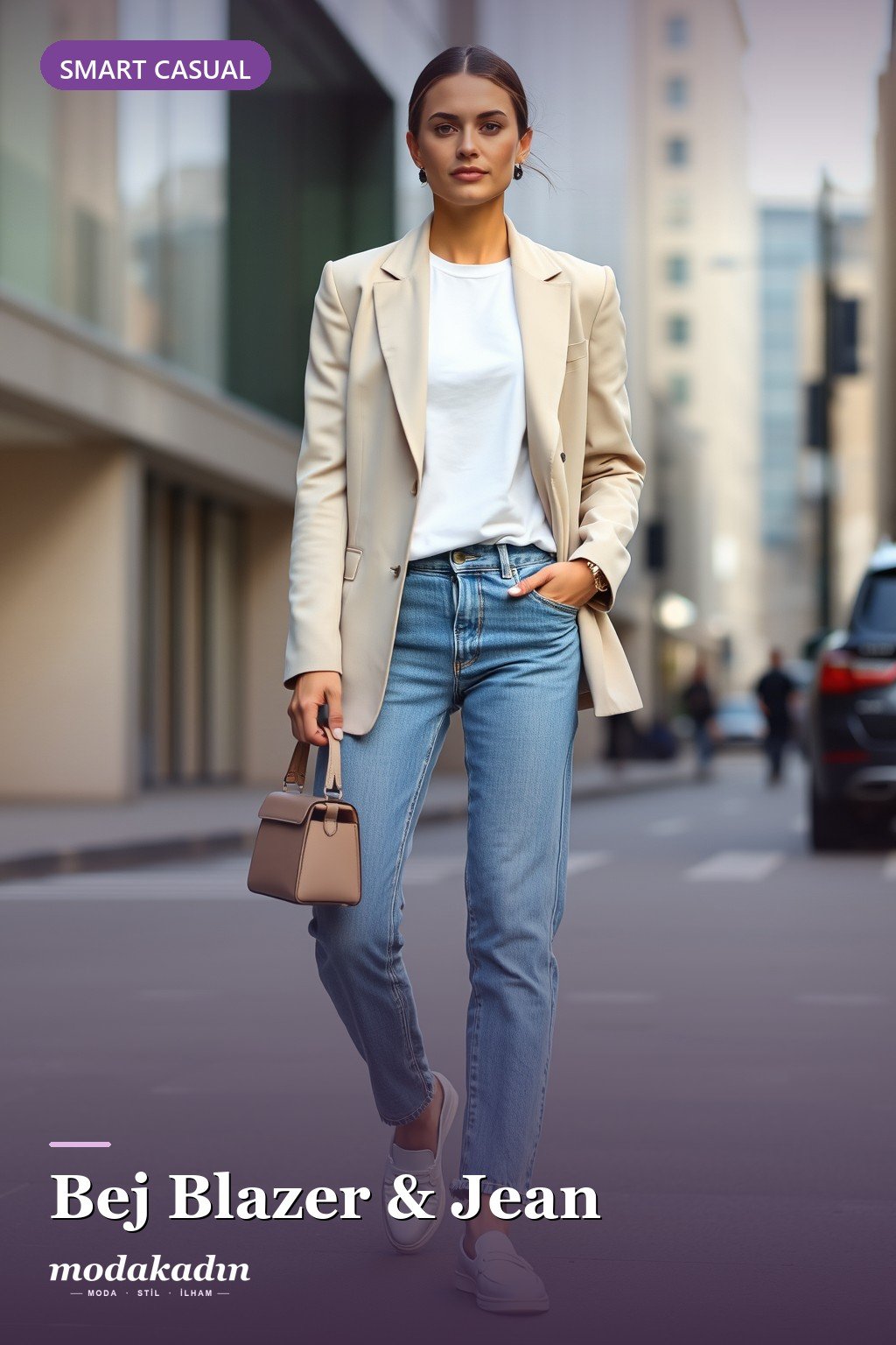 Bej blazer, beyaz tişört ve mavi jean ile smart casual kadın kombini