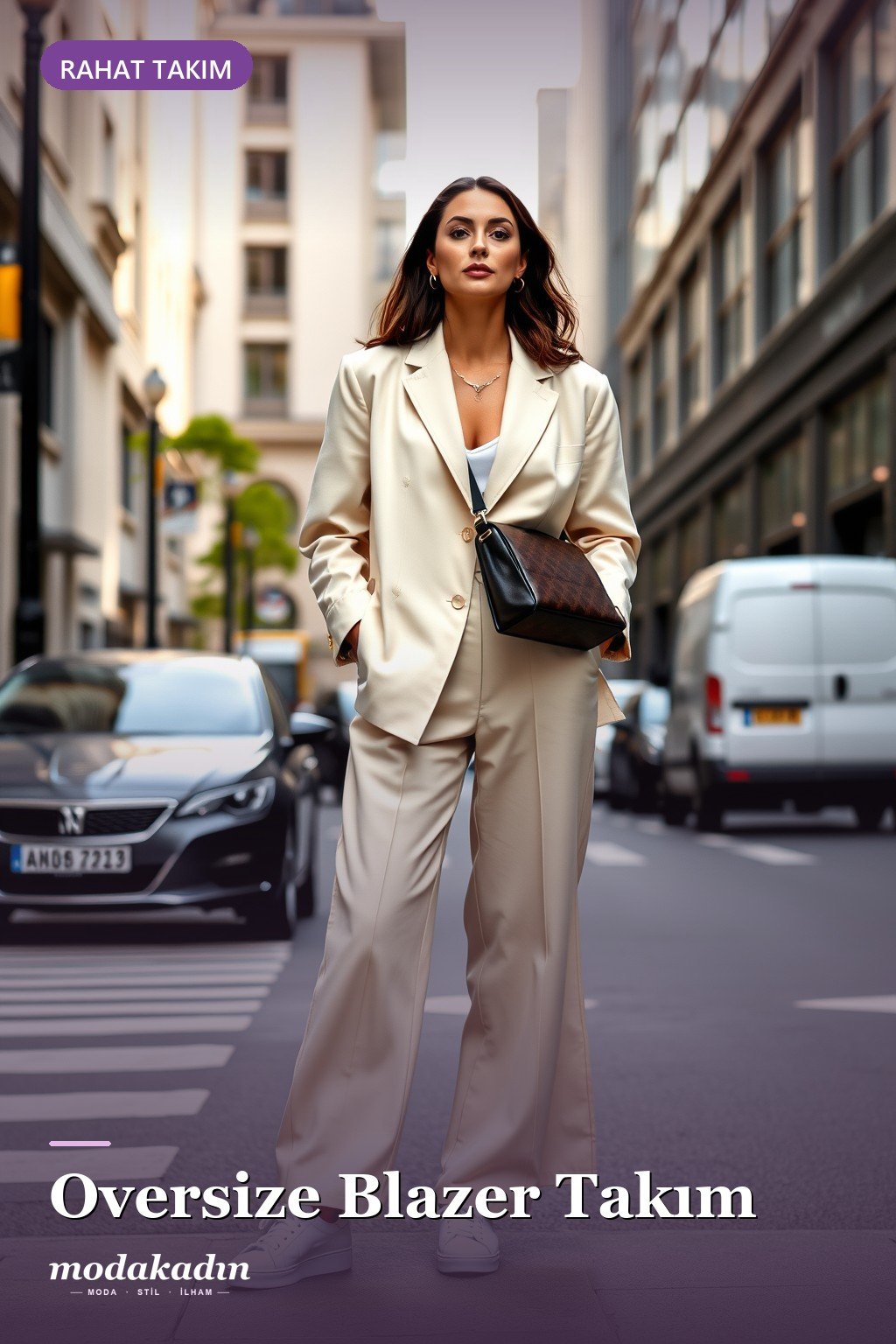 Krem oversize blazer takım ve sneaker ile rahat şık kombin
