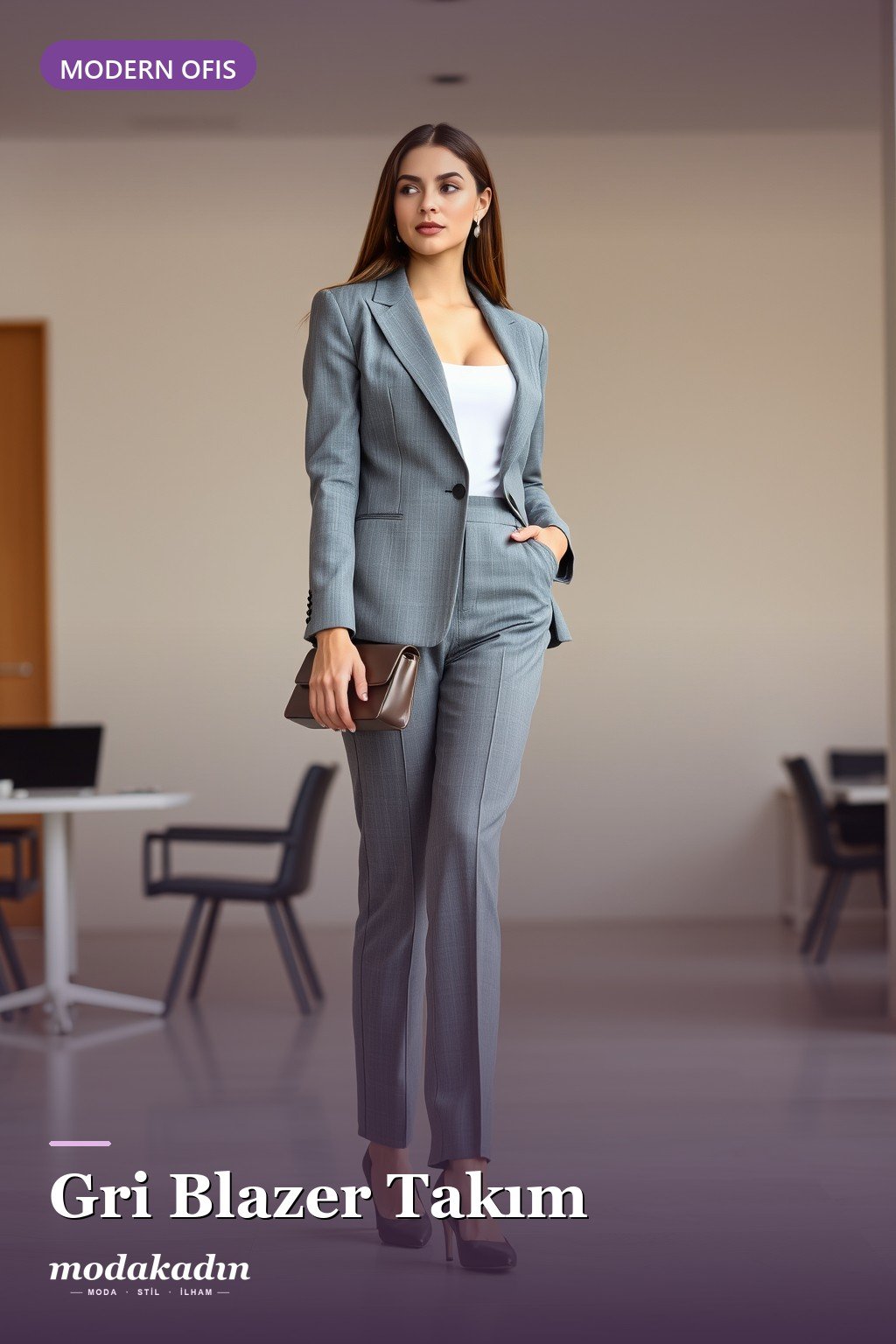 Gri blazer takım ve topuklu ile modern ofis kombini