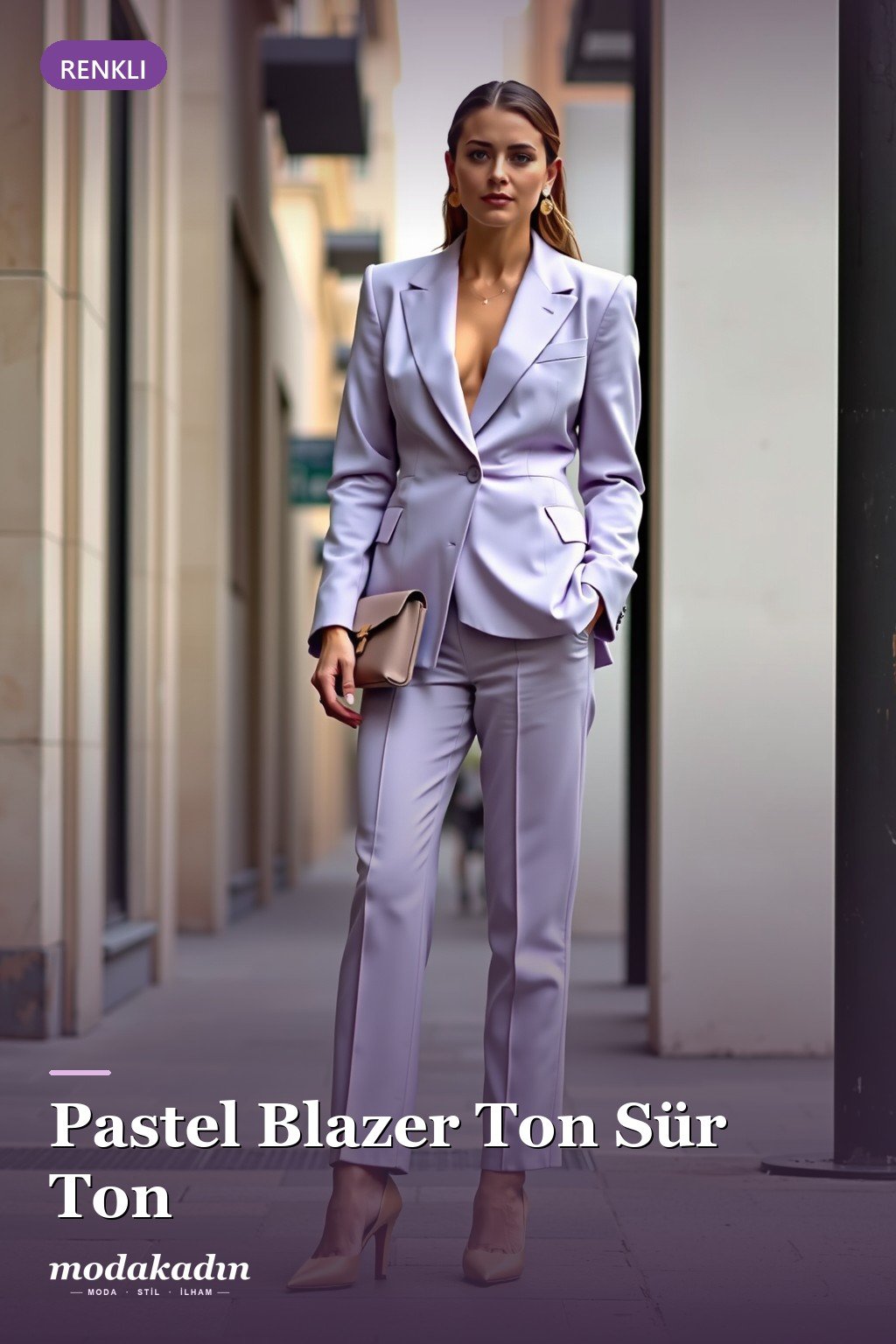 Pastel lila blazer ile ton sür ton renkli kombin