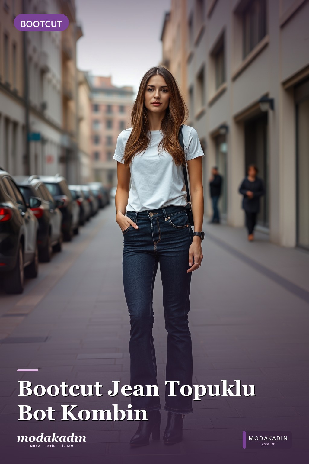 Koyu Bootcut + Beyaz Tişört + Topuklu Bot