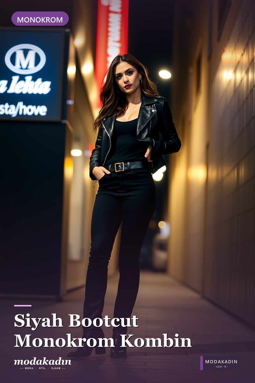 Siyah Bootcut Monokrom + Deri Ceket