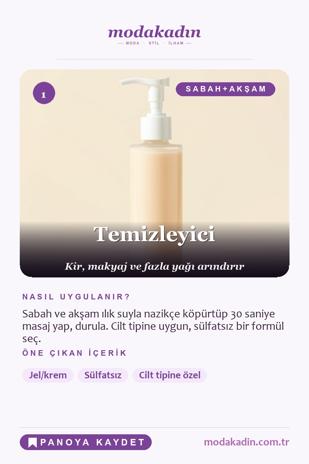 Cilt bakım rutini temizleyici adımı Pinterest pini