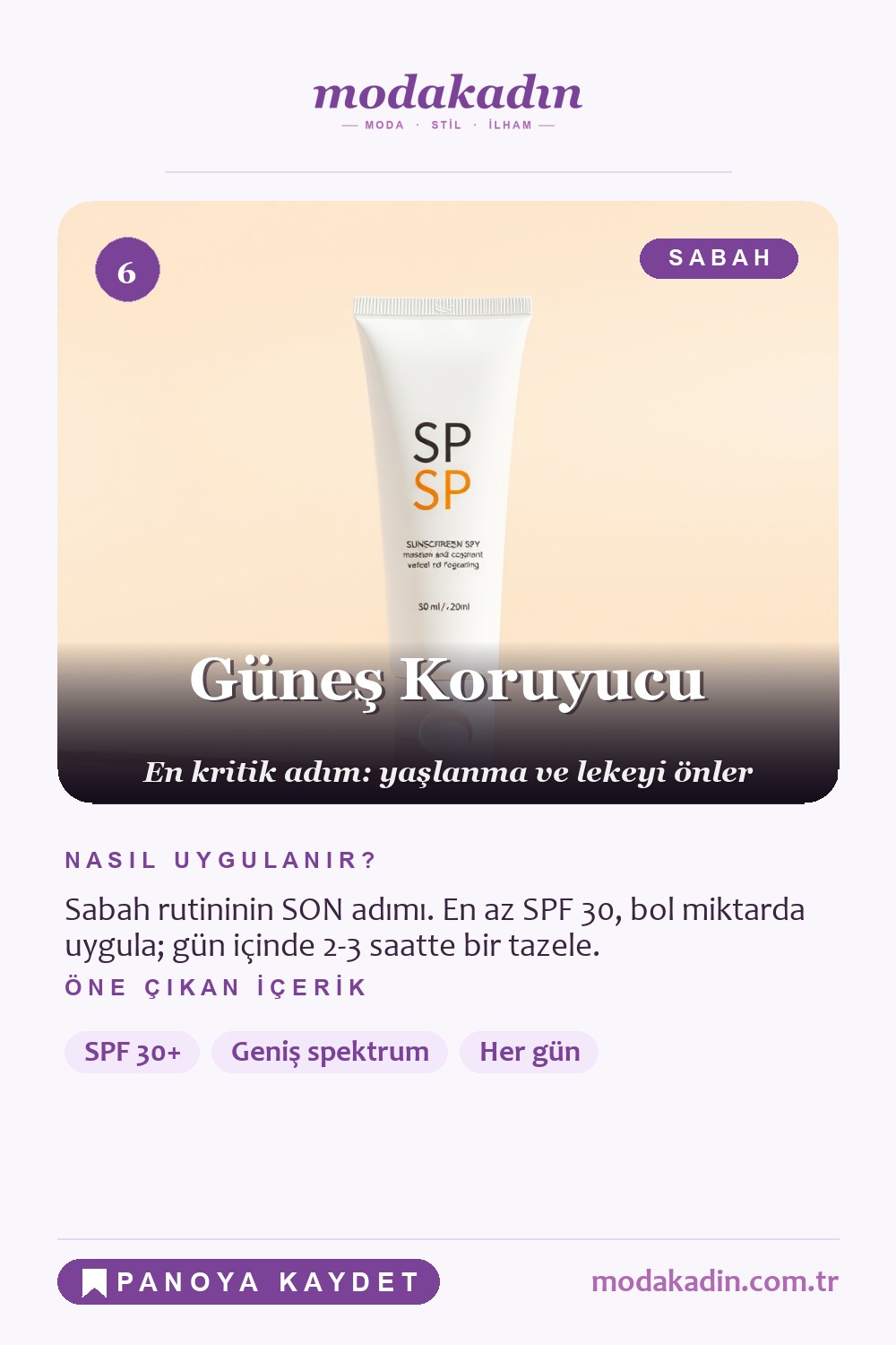 Cilt bakım rutini güneş koruyucu adımı Pinterest pini