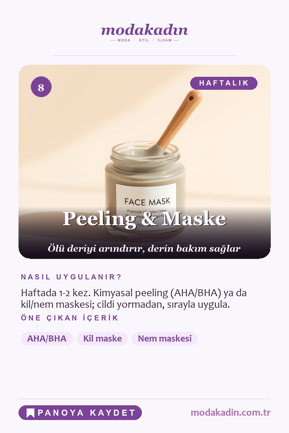 Cilt bakım rutini peeling ve maske adımı Pinterest pini