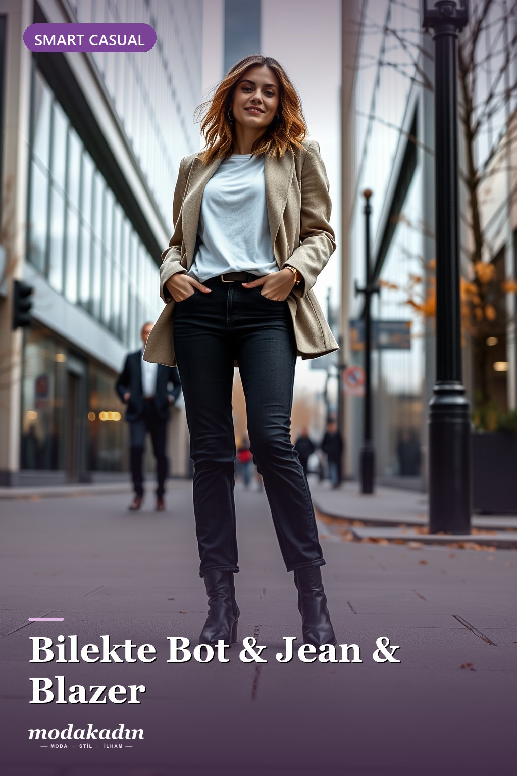Bilekte bot, jean ve blazer ile smart casual kombin