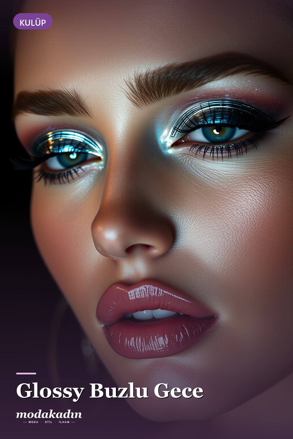 Glossy buzlu yansıtıcı kapak gece makyajı Pinterest pini