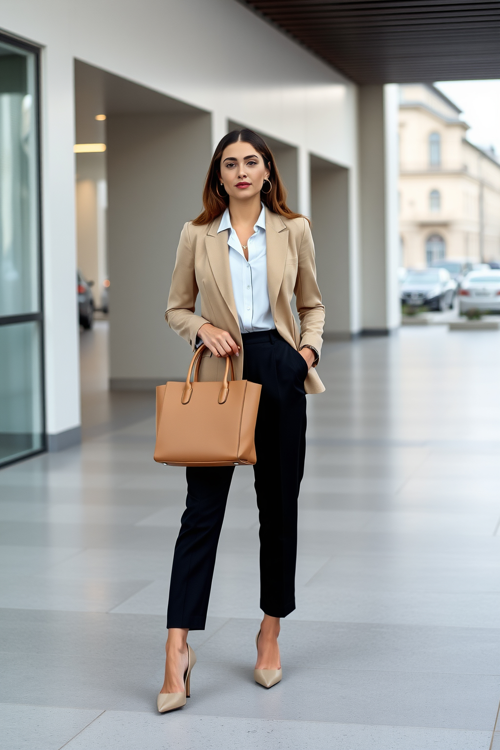 Bej blazer, beyaz bluz ve bilek boy pantolon ile ofis kombini