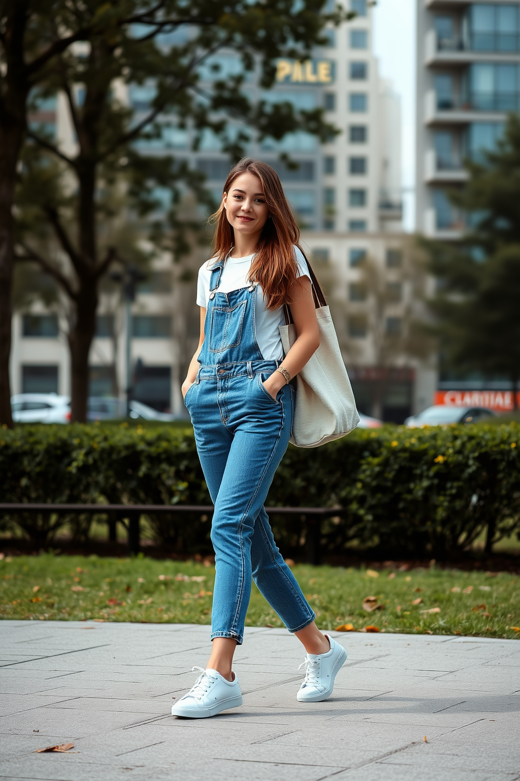 Mavi denim salopet ve beyaz tişört ile neşeli hafta sonu kombini