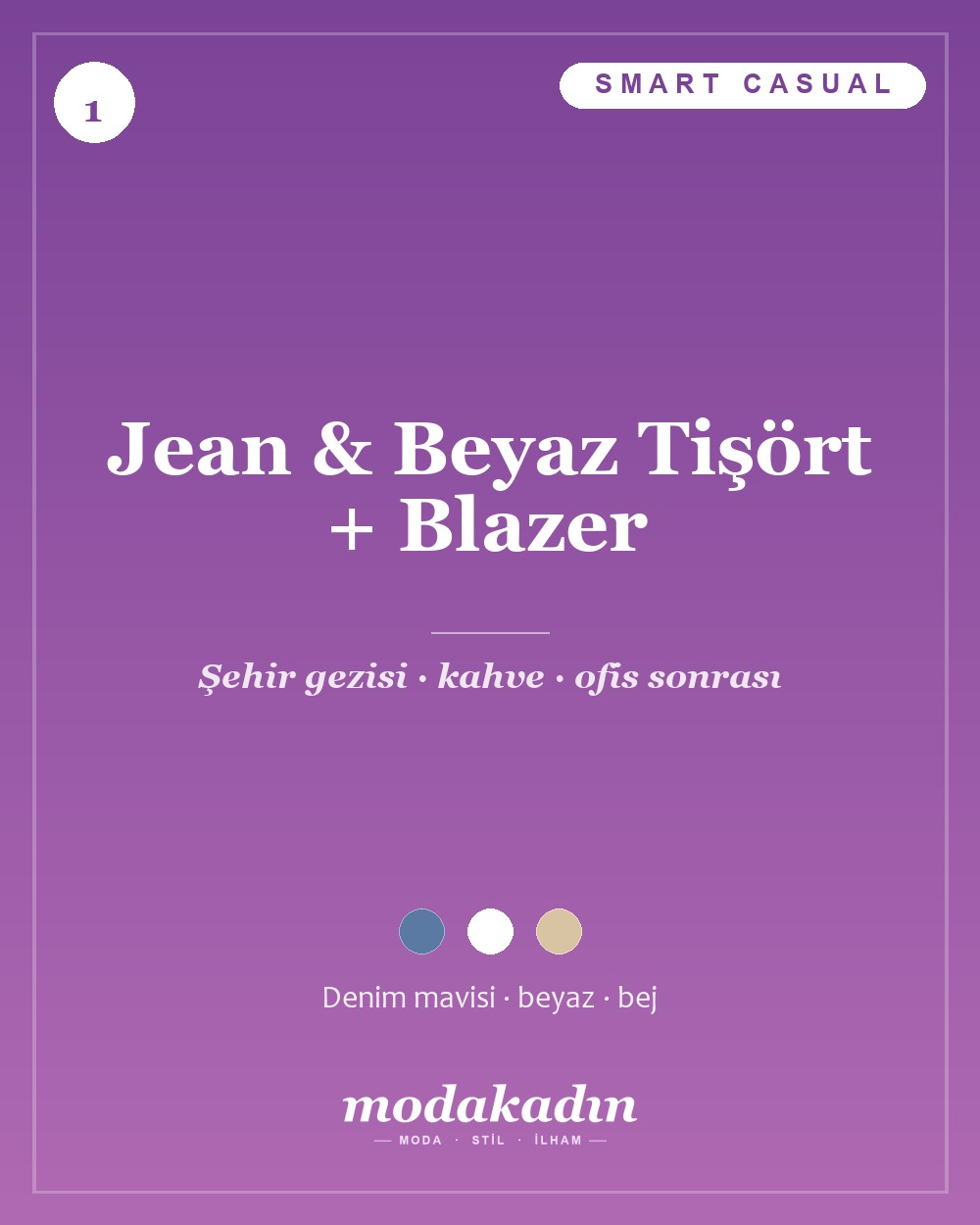 Mavi jean, beyaz tişört ve bej blazer ile günlük şık kadın kombini