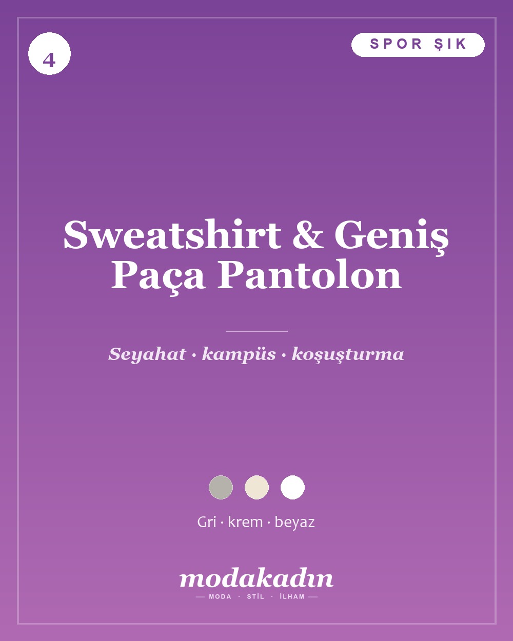 Gri sweatshirt ve krem geniş paça pantolon ile spor şık günlük kombin