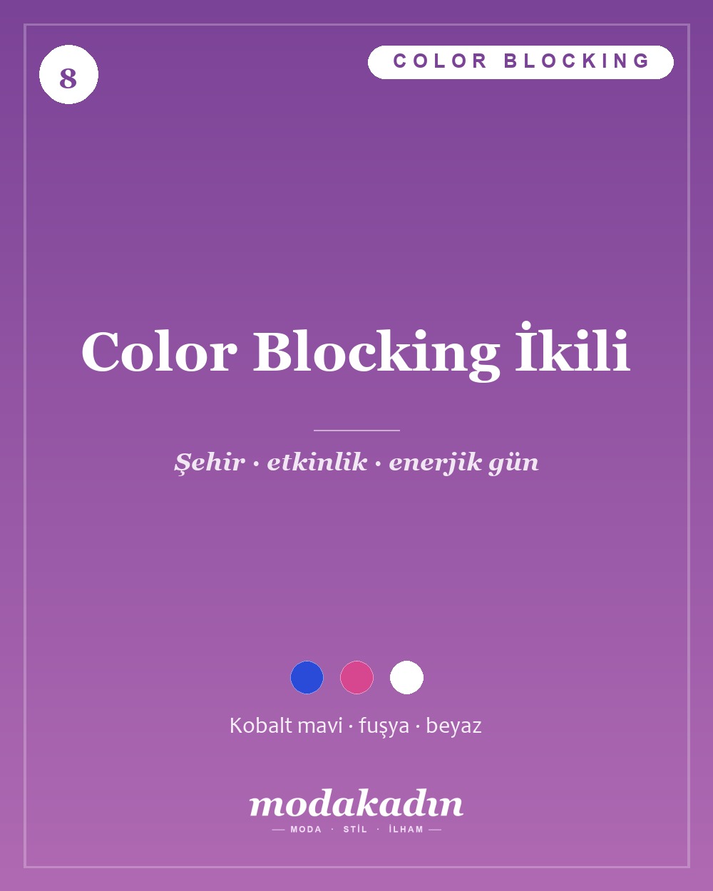 Kobalt mavi triko ve fuşya geniş pantolon ile color blocking kombin