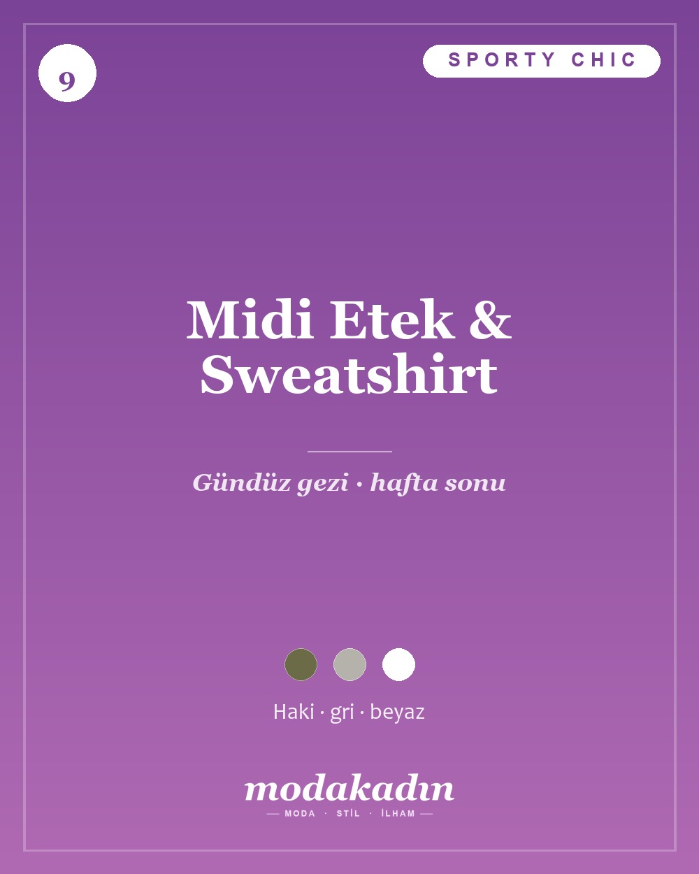 Haki pileli midi etek, gri sweatshirt ve spor ayakkabı ile sporty chic kombin