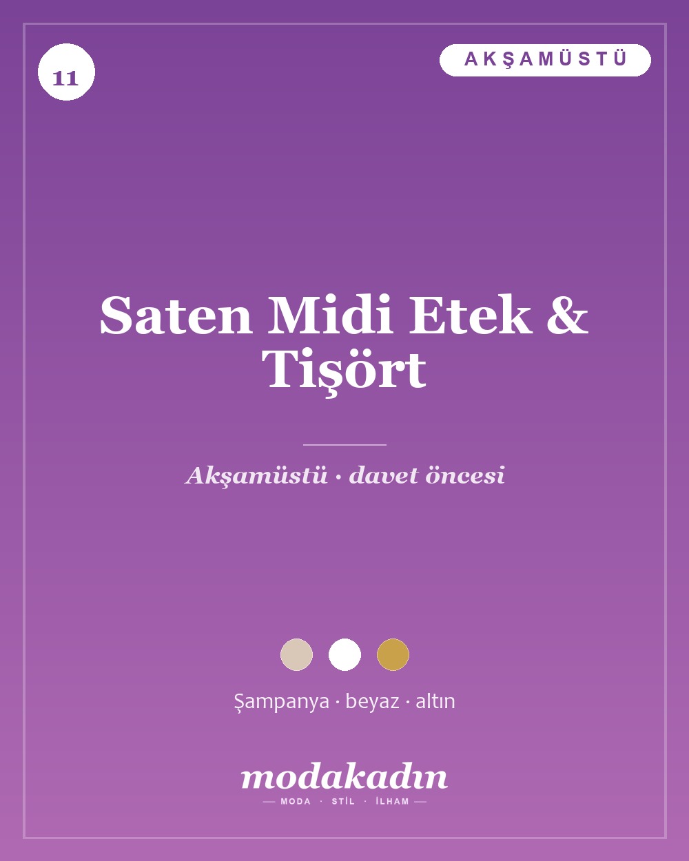 Şampanya rengi saten midi etek, beyaz tişört ve topuklu ile zarif günlük kombin