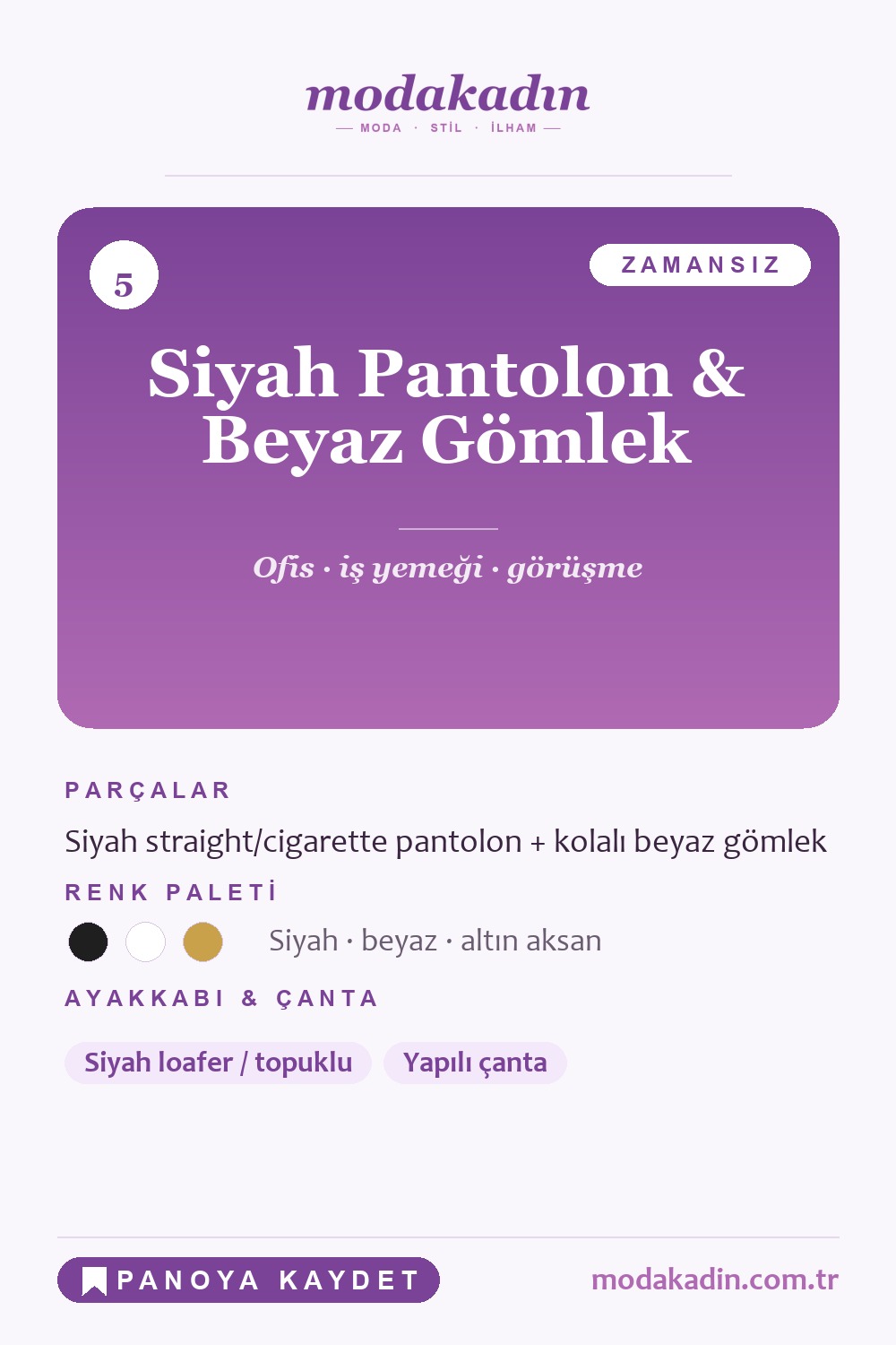 Siyah pantolon ve beyaz gömlek kombini Pinterest pini