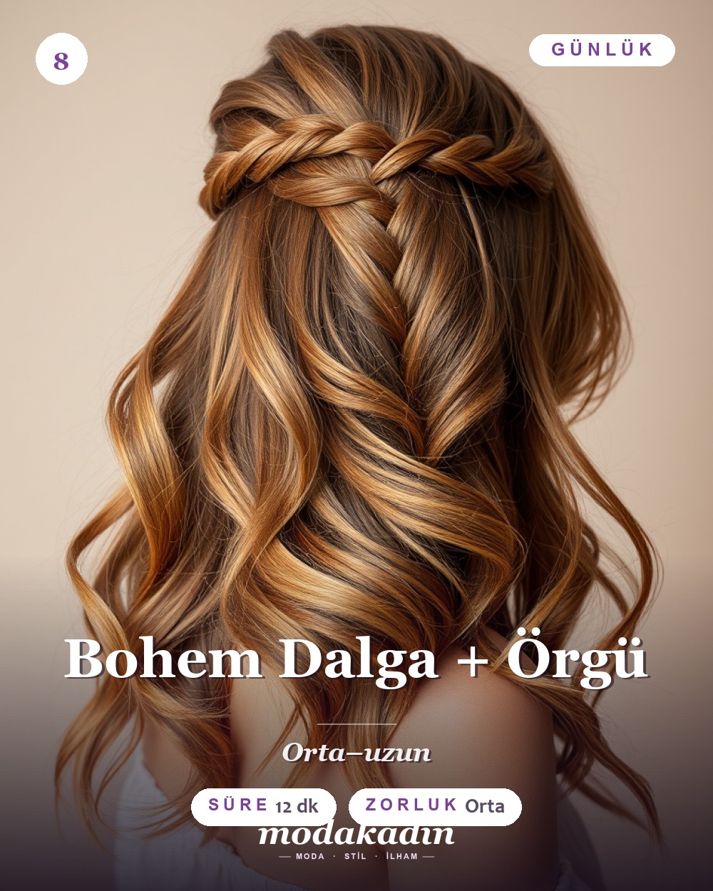 Bohem dalga ve örgü detaylı saç modeli