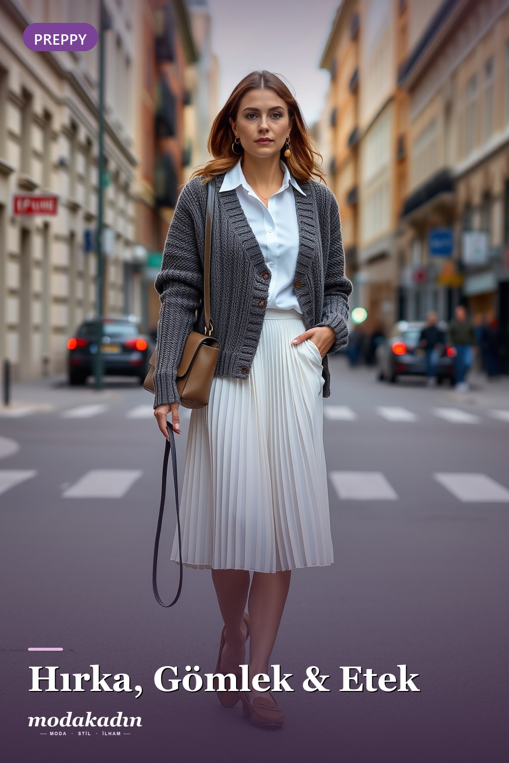 Hırka, beyaz gömlek, pileli midi etek ve loafer ile preppy kombin