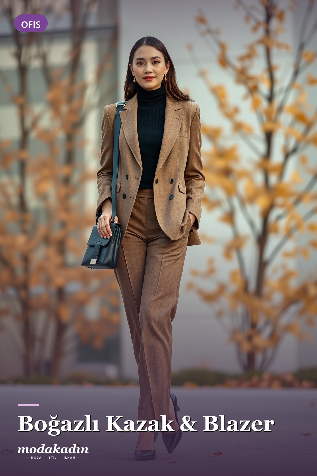 Siyah boğazlı kazak, blazer ve pantolon ile ofis kombini