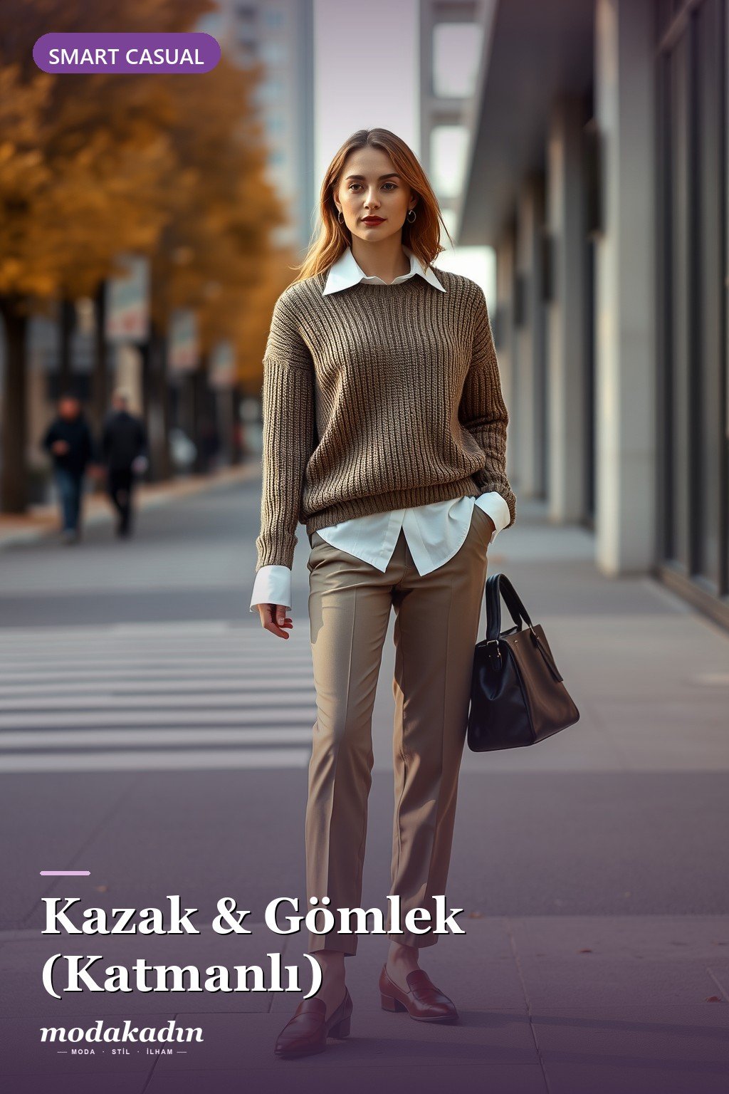 Kazak altına gömlek katmanlı smart casual kombin