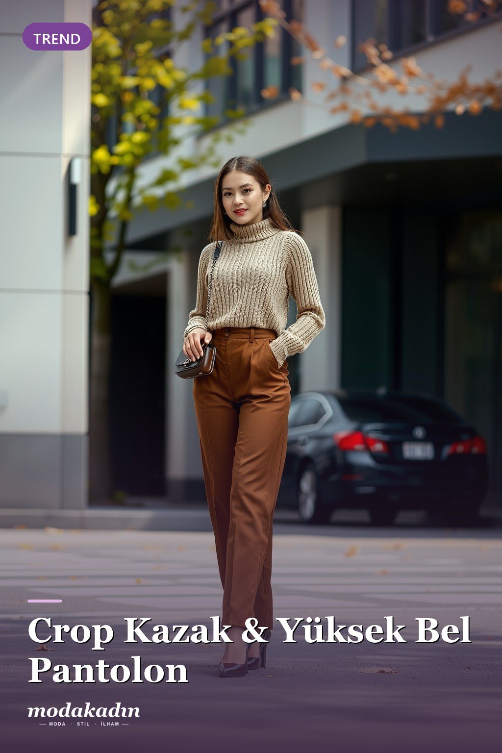 Crop kazak ve yüksek bel geniş pantolon ile trend kombin