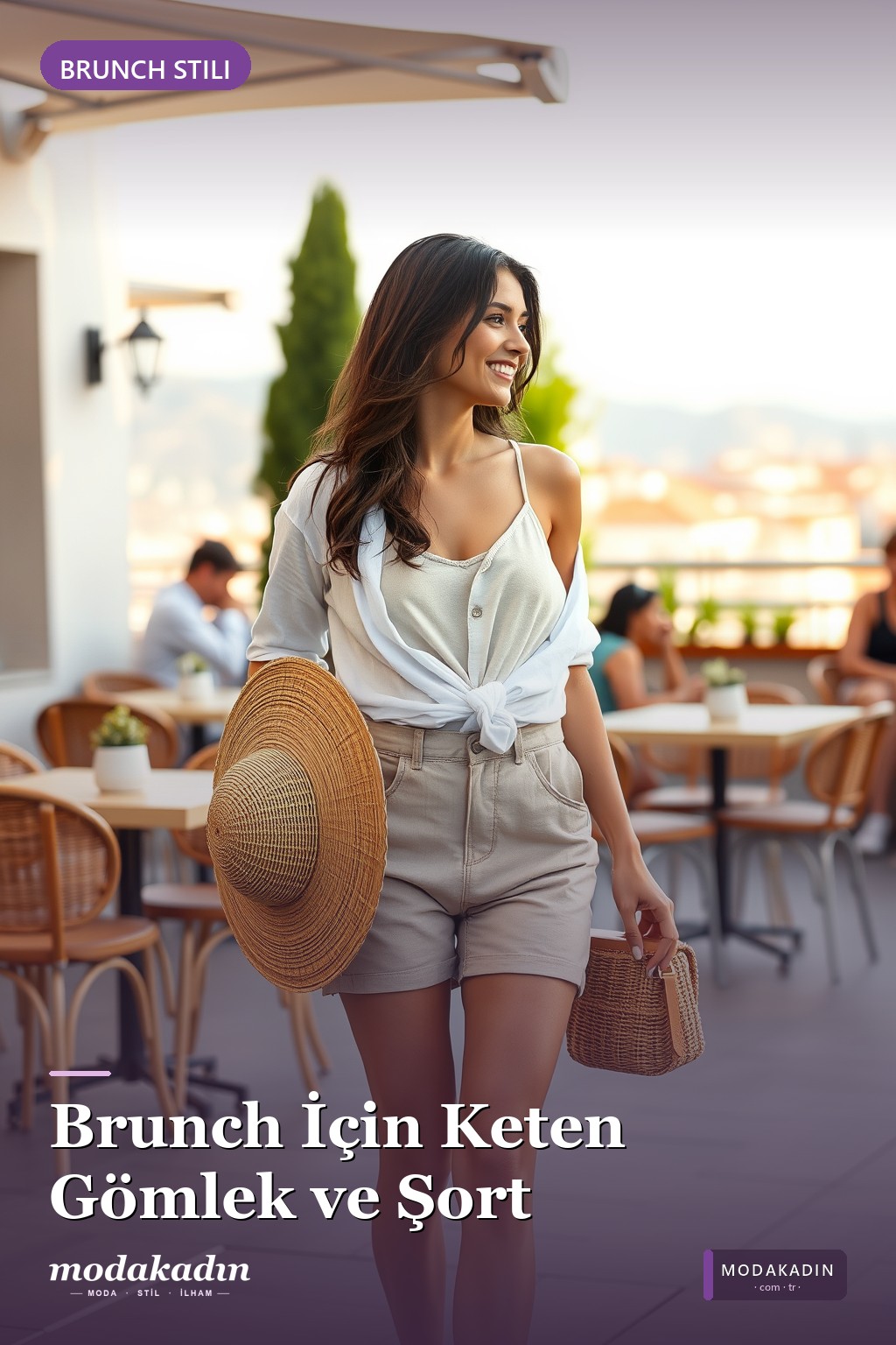 Brunch için keten gömlek ve şort kombini