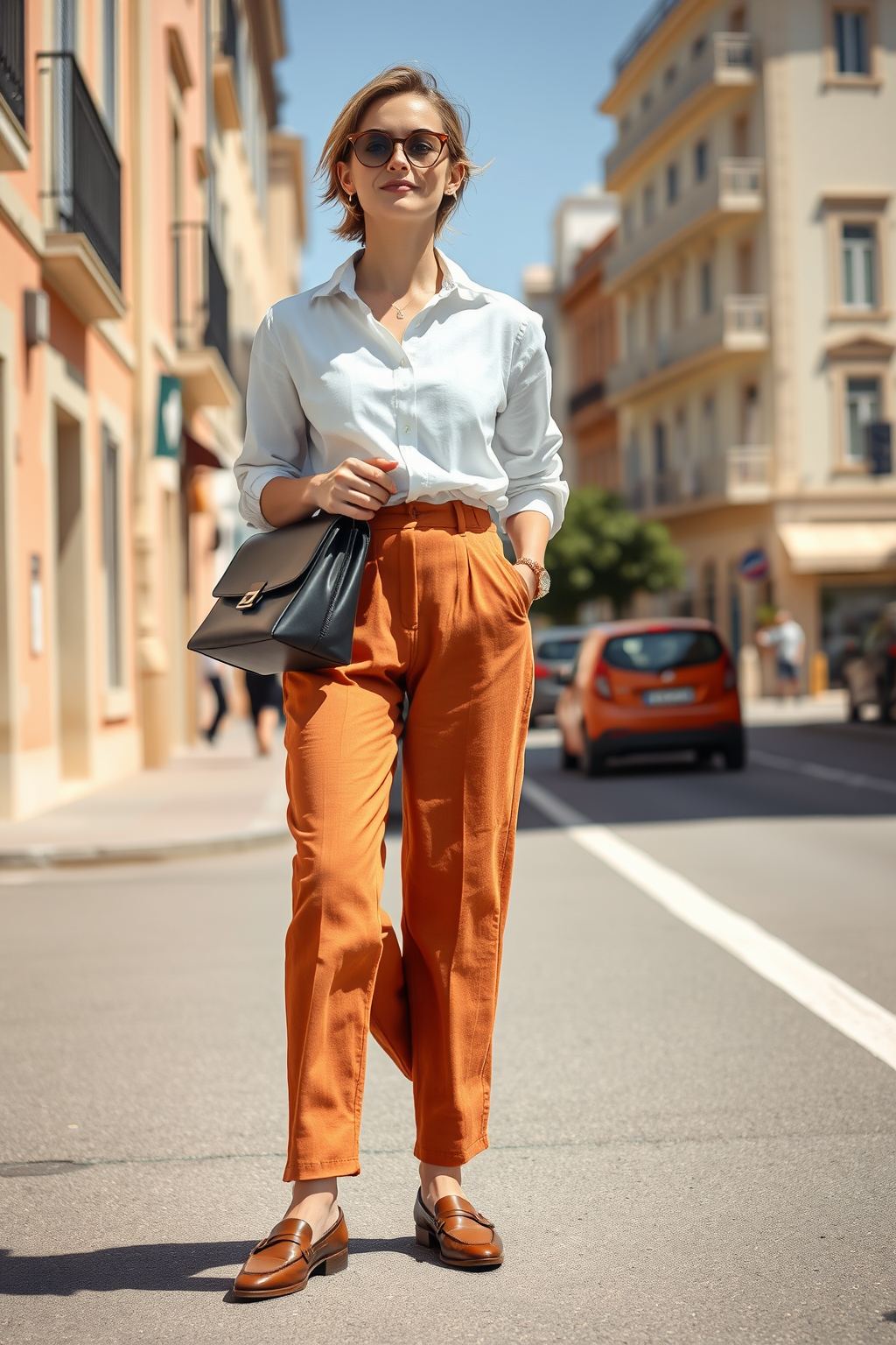 Terracotta keten pantolon ve beyaz keten gömlek ile smart casual kombin