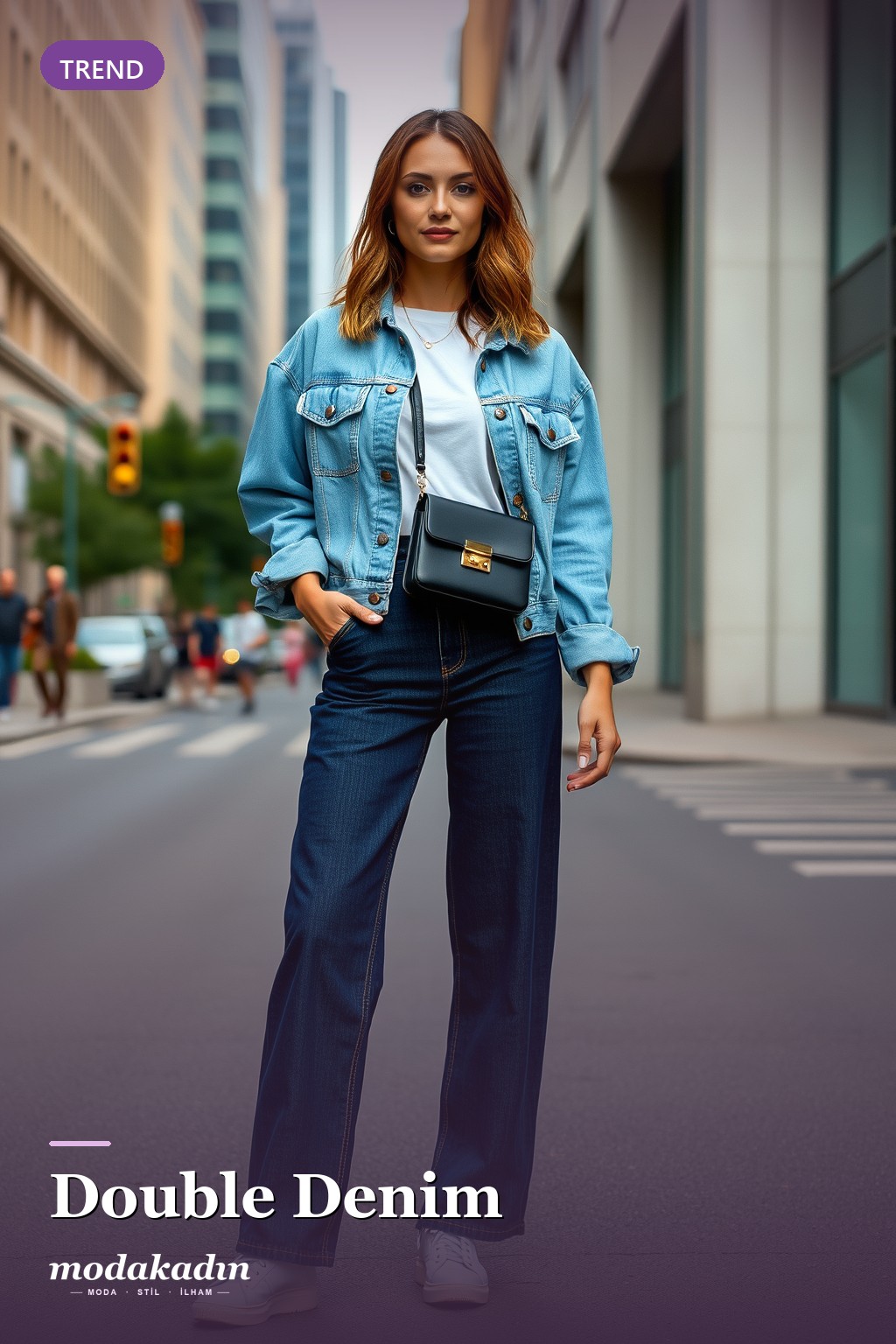 Açık kot ceket, beyaz tişört ve koyu jean ile double denim kombini