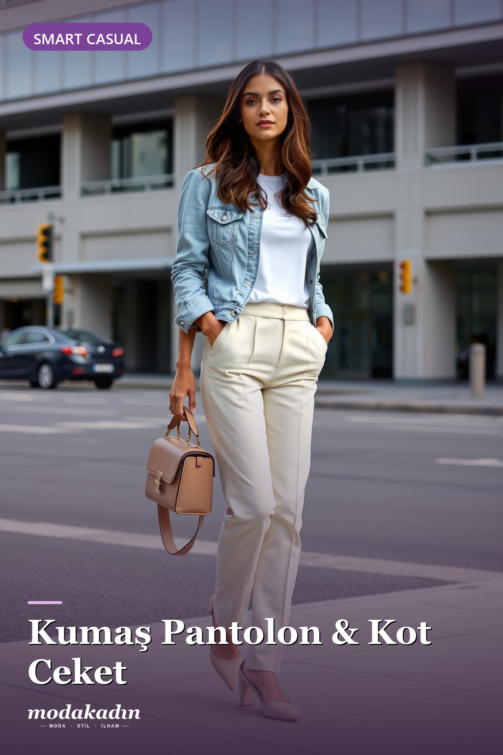 Krem kumaş pantolon, beyaz üst, kot ceket ve topuklu mule ile smart casual kombin