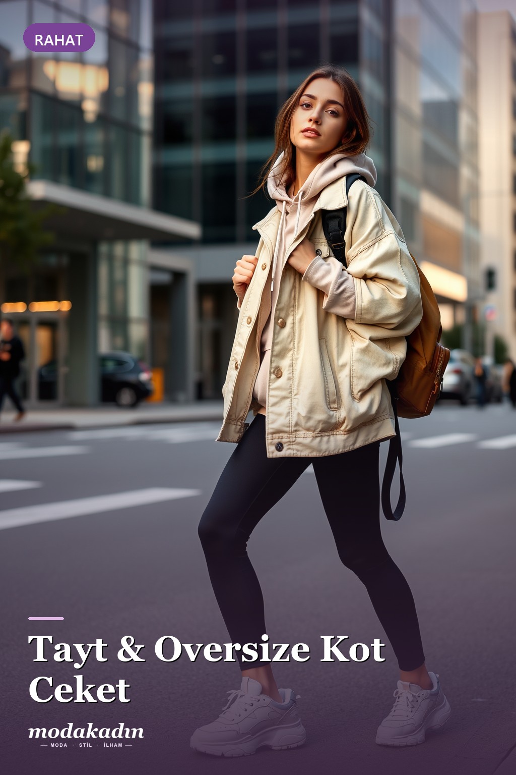Siyah tayt, bej hoodie ve oversize kot ceket ile rahat athleisure kombin