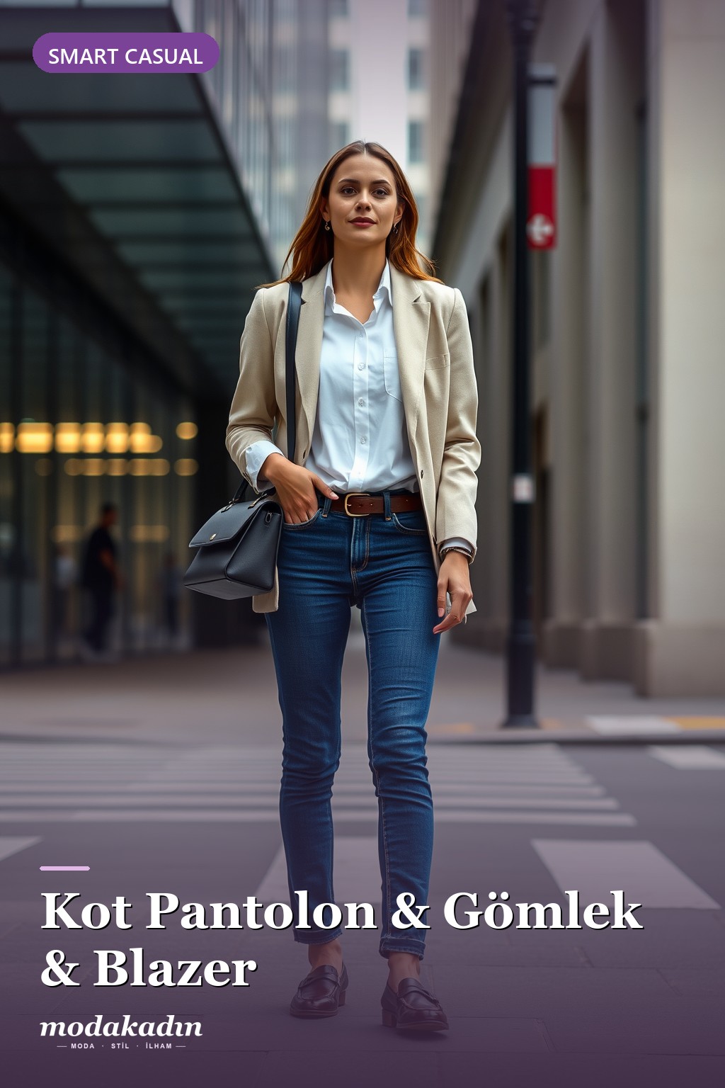 Kot pantolon, beyaz gömlek ve bej blazer ile smart casual kombin