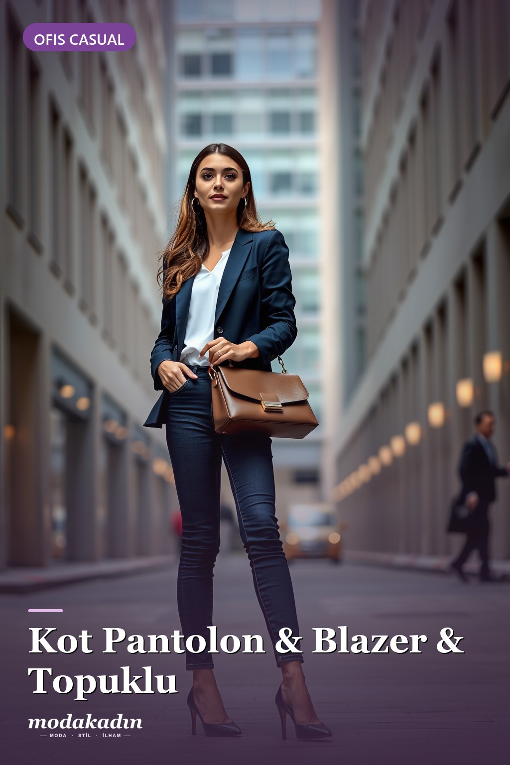 Koyu kot pantolon, lacivert blazer ve topuklu ile ofis casual kombin