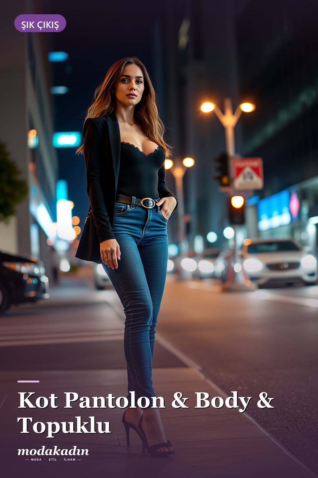 Skinny kot pantolon, siyah body ve topuklu ile şık çıkış kombini