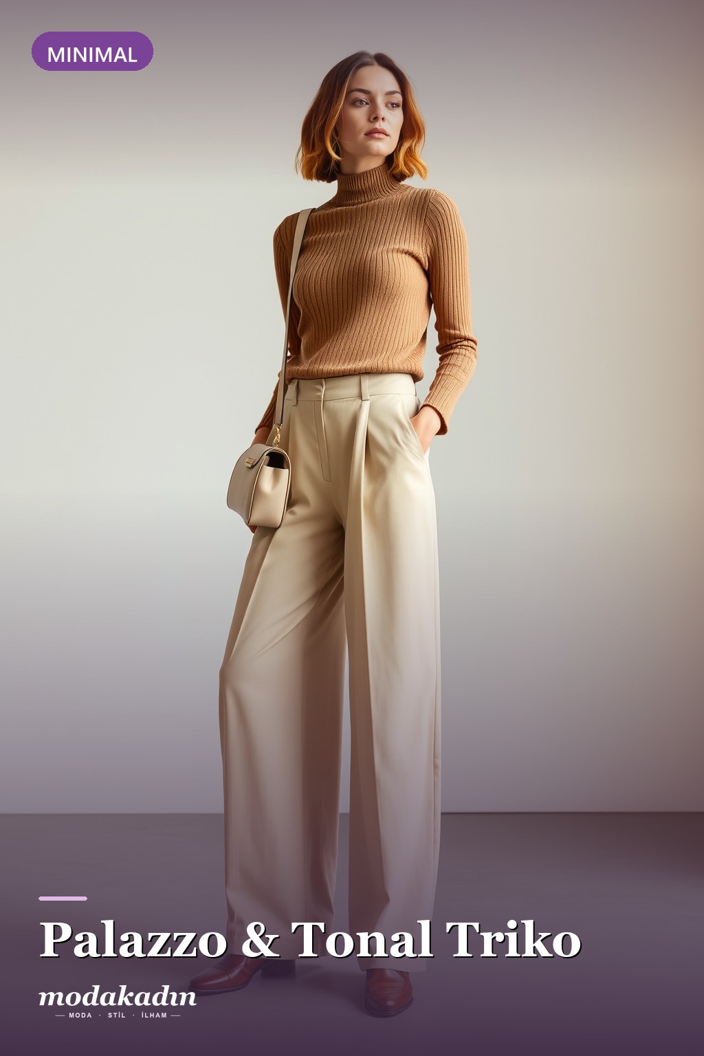 Kamel palazzo pantolon ve tonal triko ile minimal kombin