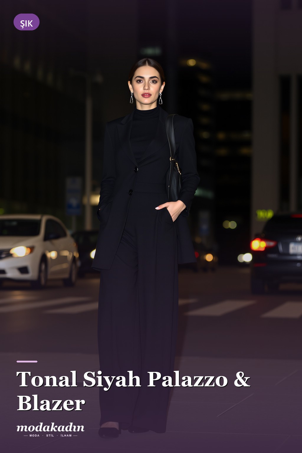 Tonal siyah palazzo pantolon, body ve uzun blazer ile şık kombin