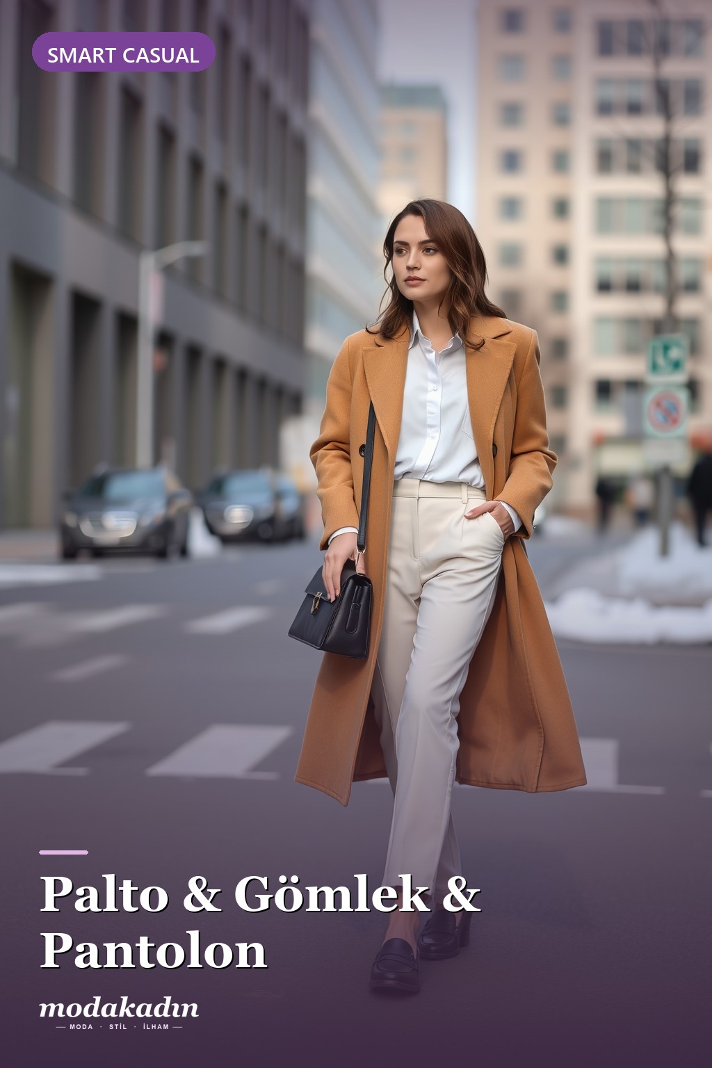 Kamel palto, beyaz gömlek ve pantolon ile smart casual kombin
