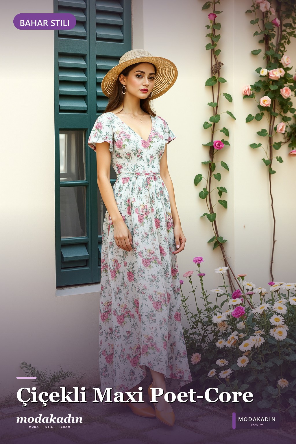 Çiçekli Maxi Elbise + Hasır Aksesuar