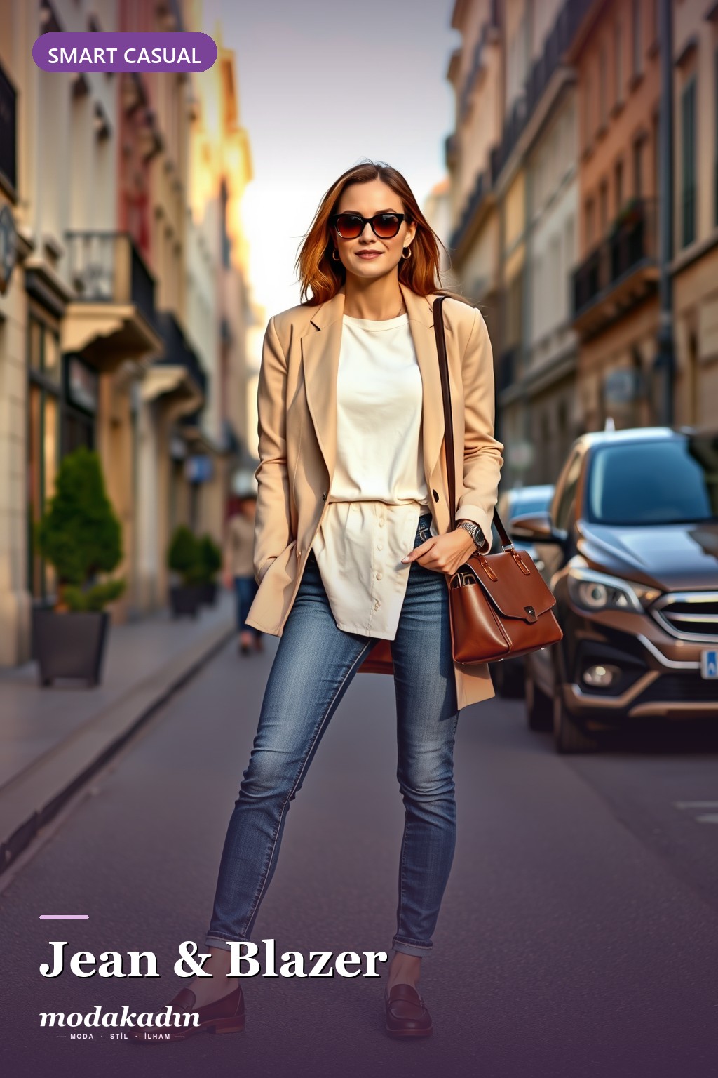 Jean, beyaz tişört ve bej blazer ile smart casual kombin