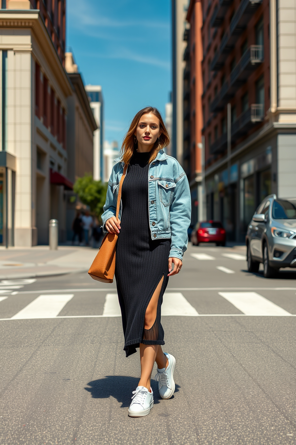 Siyah triko midi elbise, beyaz sneaker ve denim ceket ile günlük kombin