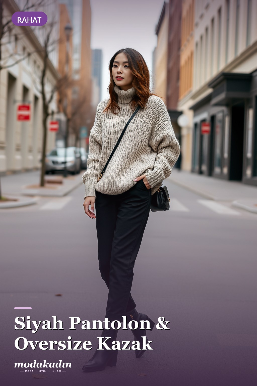 Siyah pantolon ve bej oversize kazak ile rahat kombin