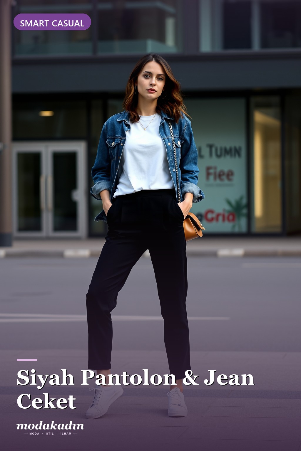 Siyah pantolon ve mavi jean ceket ile smart casual kombin