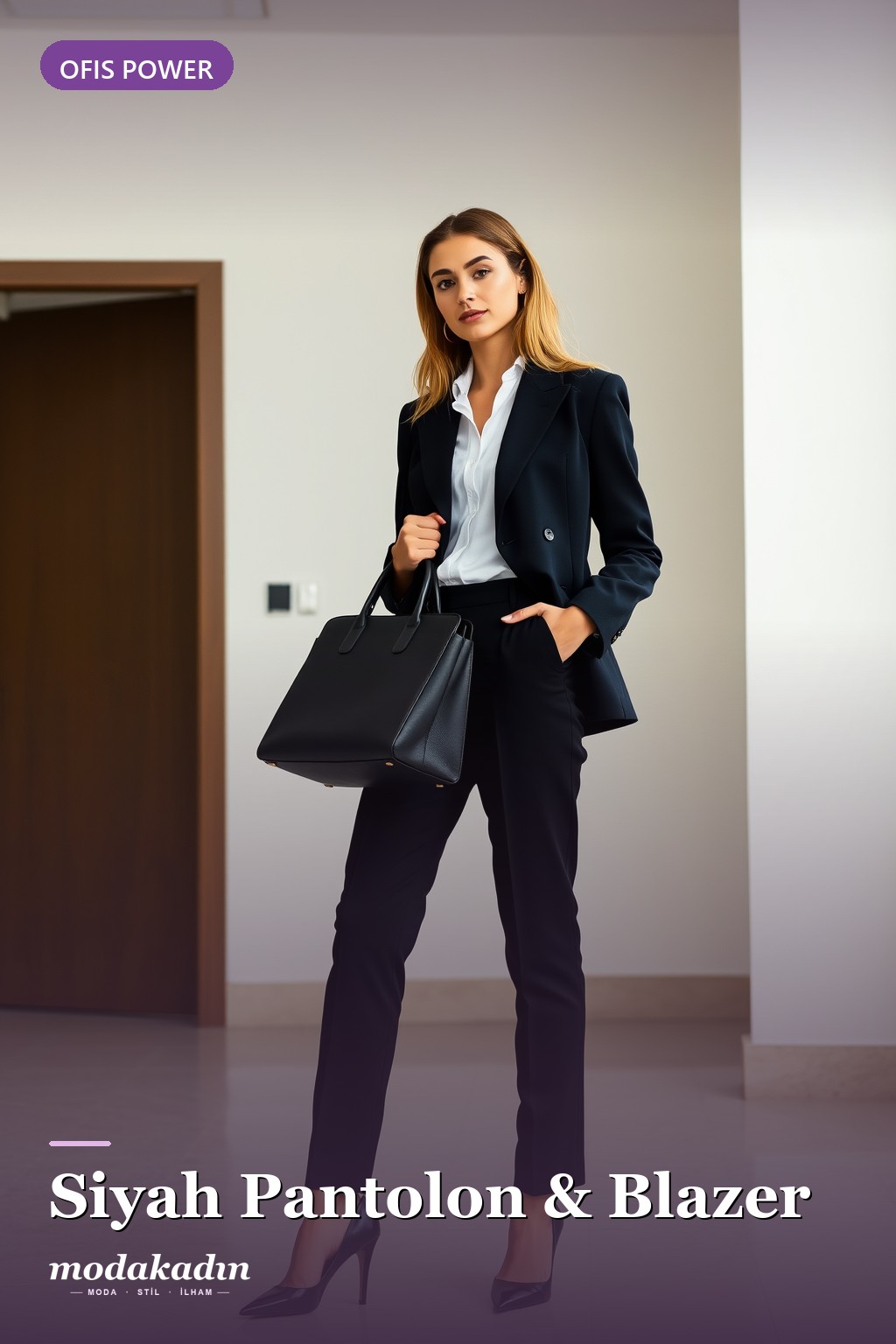 Siyah pantolon ve lacivert blazer ile ofis power kombini